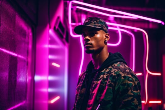 AI generated Young muscular man with hip hop style with neon light at street. Pro Photo