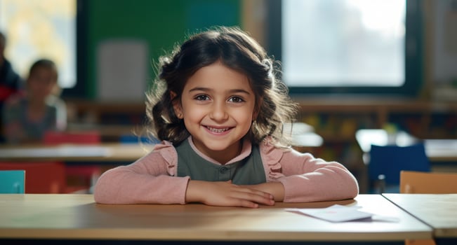 AI generated a little girl sitting at a desk and smiling photo