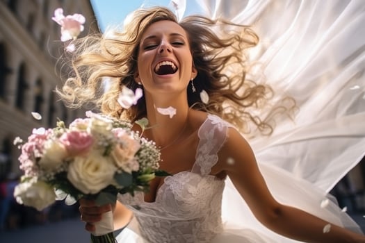 AI generated bride is throwing her bouquet in the air photo