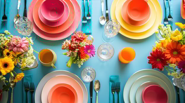 AI generated Color-coordinated tableware and centerpieces set the mood for celebration with copy space photo