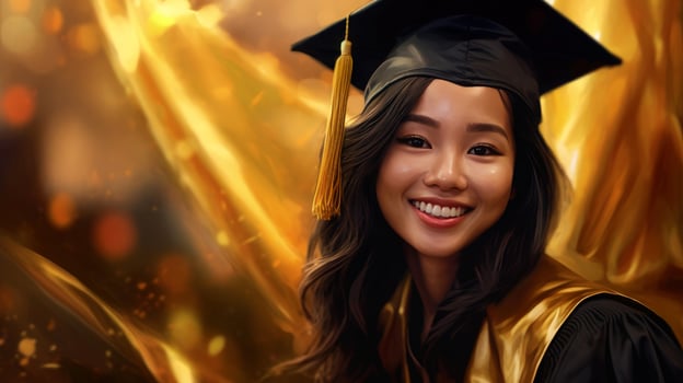 AI generated Happy asian young girl wearing graduation cap and gown, smiling girl beams with happiness photo