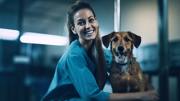 AI generated Young vet girl shares joyful moment with playful dog in clinic symbolizes importance of pet checkups photo