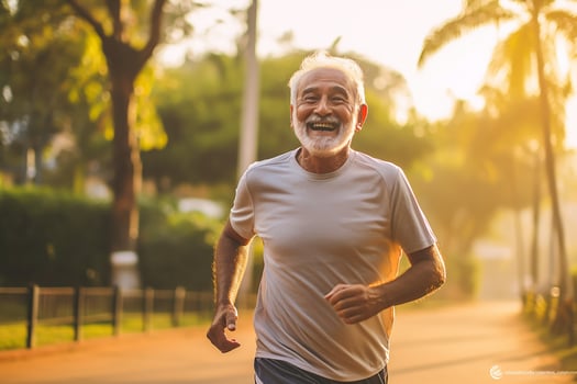 AI generated portrait photography of happy senior citizen who is jogging for finesse photo