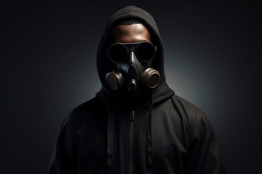 AI generated Modern creative post-apocalyptic fashion concept. Front view of black stylish male model in glasses, gas mask and hooded hoodie on dark background. Generative AI photo