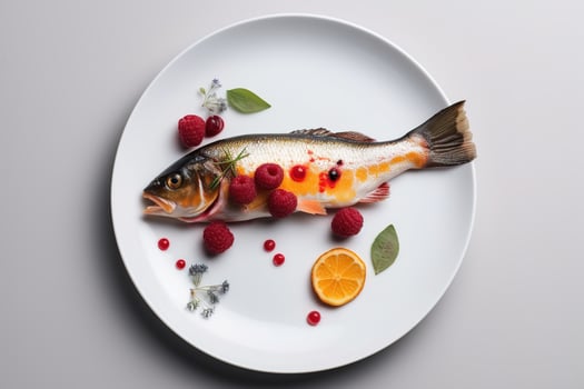 AI generated Fish dish with fruits and berries on white plate, minimalist serving. Generative AI photo