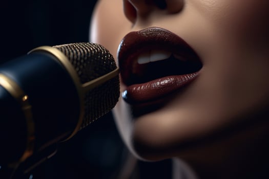 AI generated Concert, show, karaoke or performance concept. Close-up of female musician mouth singing song into microphone. Generative AI photo