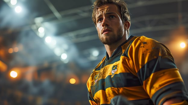 AI generated Rugby Player in Action, Full Body Portrait in Stadium photo