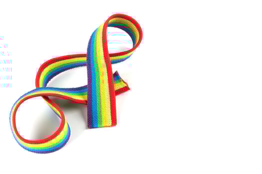 Colorful rainbow ribbon closeup isolated on white background. Colorful LGBT design. Curly, fluttering ribbon. photo