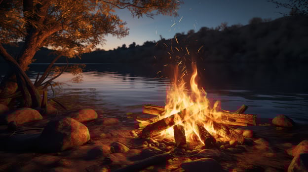 AI generated Bright bonfire in the forest on the lake shore. Generative AI photo