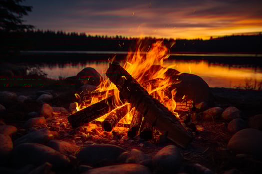 AI generated Bonfire on the shore of a lake at sunset. Camping. photo
