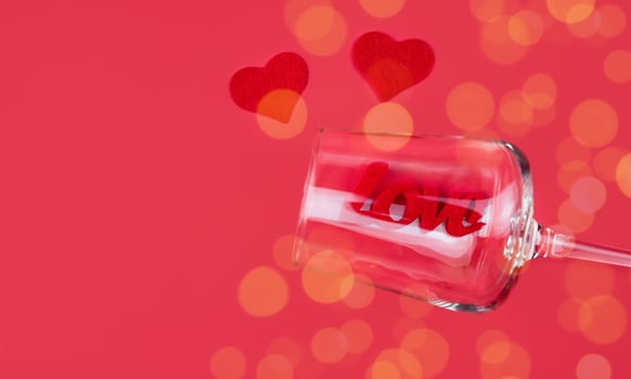 Creative composition for Valentine's Day on the red background. Banner. Top view. Copy space. Selective focus. photo