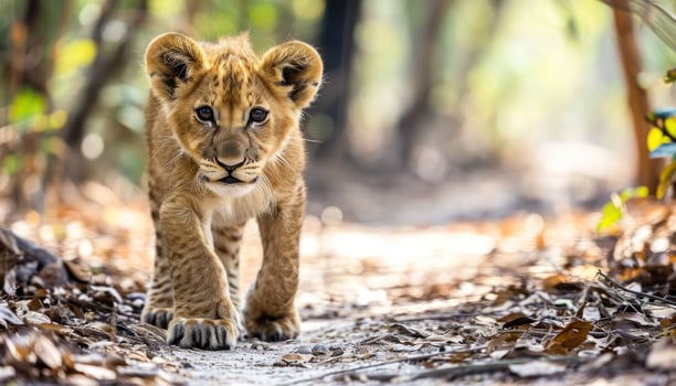 AI generated Cute baby lion confidently strolls through the lush forest, baby animals picture photo