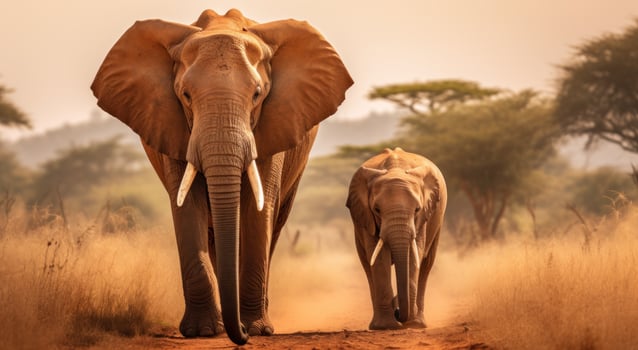 AI generated two elephants walk through an open field photo