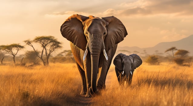 AI generated two elephants walk through an open field photo