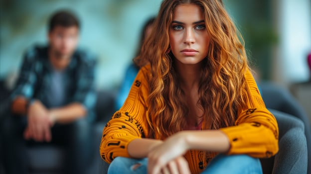 AI generated Contemplative young woman in casual outfit, unfocused people in background photo