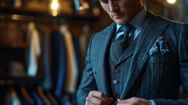 AI generated Elegant businessman adjusting vintage suit in exclusive tailoring shop photo