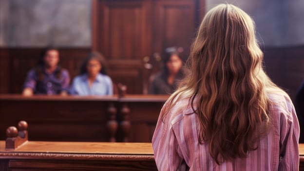 AI generated Woman facing the jury box in a courtroom during a legal trial photo