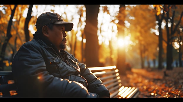 AI generated Contemplative man sitting on park bench at sunset in autumn photo