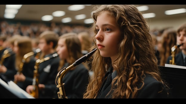 AI generated Young female musician playing saxophone in school band photo