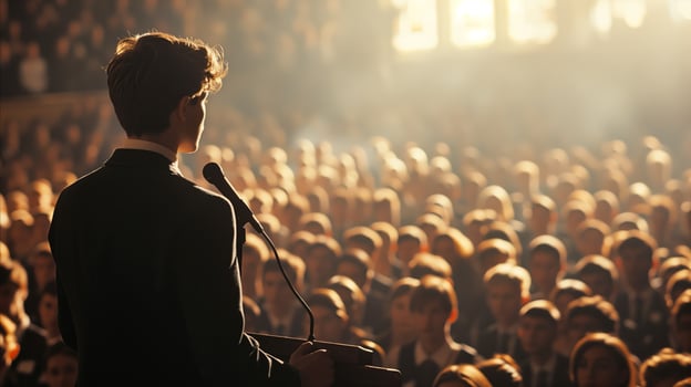 AI generated Confident speaker at podium addressing audience in auditorium photo