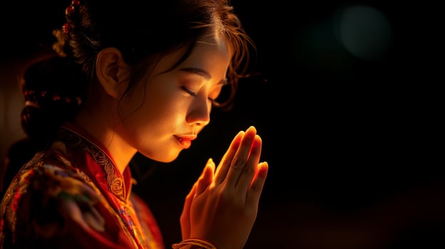 AI generated Tranquil young woman in traditional attire praying peacefully photo