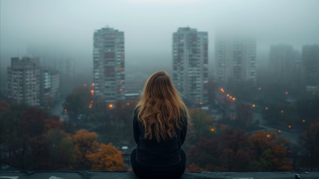 AI generated Contemplative woman overlooking foggy autumn cityscape at dusk photo