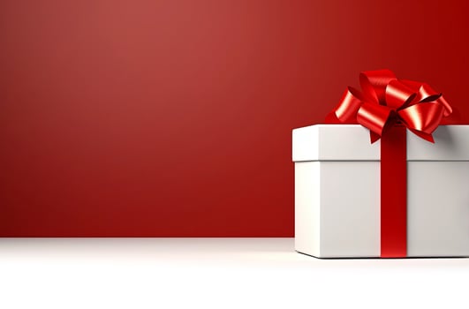 AI generated Elegant white gift box with a radiant red bow on a vibrant red background. photo