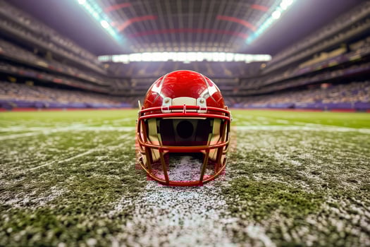 AI generated A symbolic scene of a lone football helmet resting on the 50-yard line of a large stadium, stands empty in the background, conveying a sense of quiet before the storm of a game photo