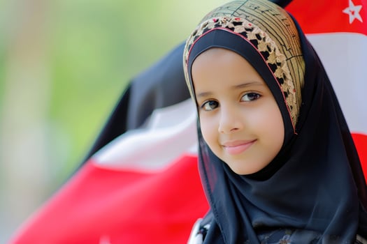 AI generated a Arab girl in Yemen flag background. AI generative photo