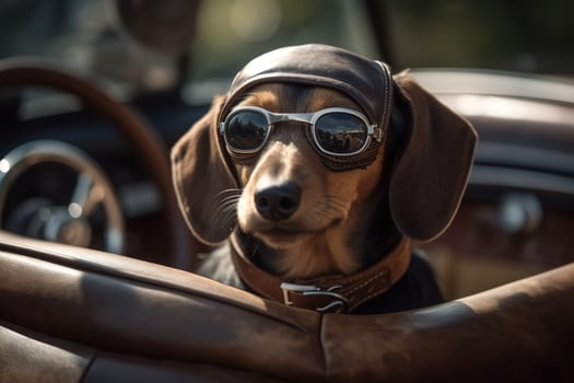 AI generated Cute purebred dachshund dog wearing sunglasses and hat riding in car and looking out outdoors, cool pet in convertible on road trip. Animal Generative AI photo