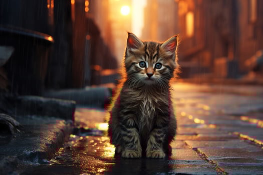 AI generated Homeless sad ginger pet on wet pavement, lost ginger kitten outdoors at night photo