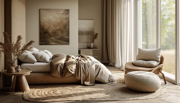 AI generated a bedroom with furniture, pillows, and a chair photo