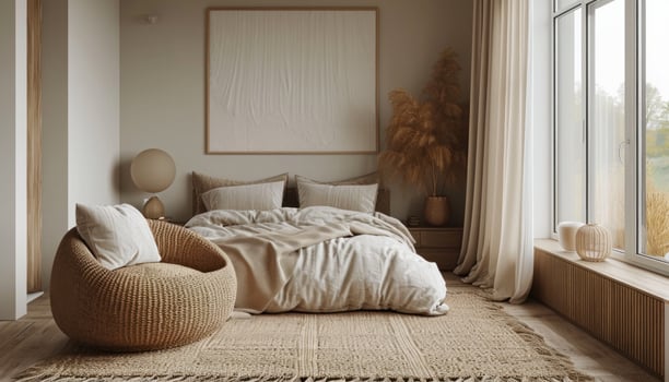 AI generated a bedroom with furniture, pillows, and a chair photo
