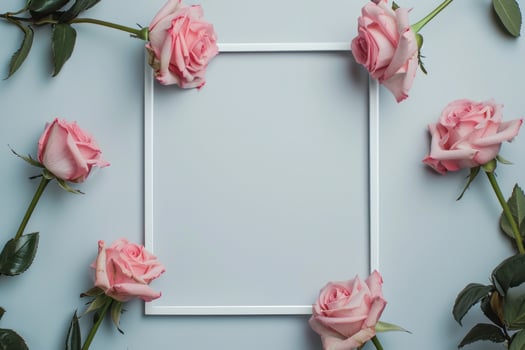 AI generated pink roses on a white frame photo