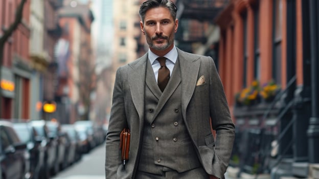 AI generated Suited executive gracefully multitasks, proving elegance thrives even in bustling urban environments photo