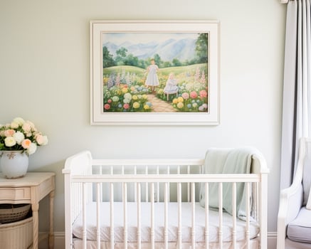 Nursery wall art, home decor and framed art in the English country cottage interior, room for diy printable artwork mockup and print shop photo