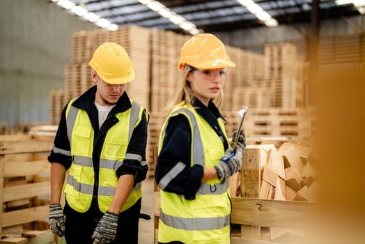 Workers check timber materials as part of a warehouse inspection process. photo