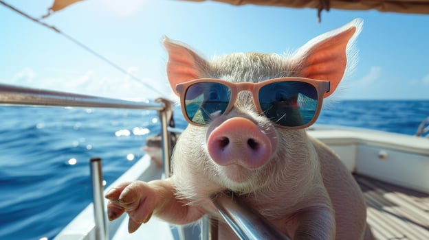 AI generated The image shows a pig wearing sunglasses on a boat in the ocean, Ai Generated photo