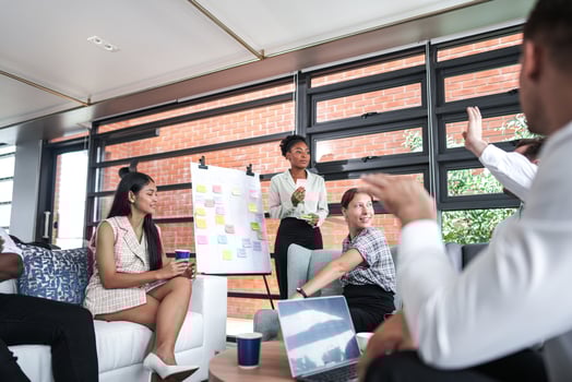 people talk and present the project. Relaxed informal business company meeting. Team leader brainstorming new approaches and ideas with colleagues. Startup business and entrepreneurship concept. photo