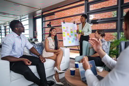 people talk and present the project. Relaxed informal business company meeting. Team leader brainstorming new approaches and ideas with colleagues. Startup business and entrepreneurship concept. photo