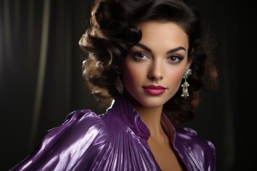 AI generated Young glamorous brunette with bright makeup in a purple dress on a dark background. Ideal for fashion, event promotions, or luxury content. Concept for masquerade, holiday photo