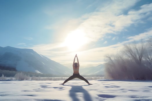 AI generated Sunrise Yoga in the Serene Snowscape photo