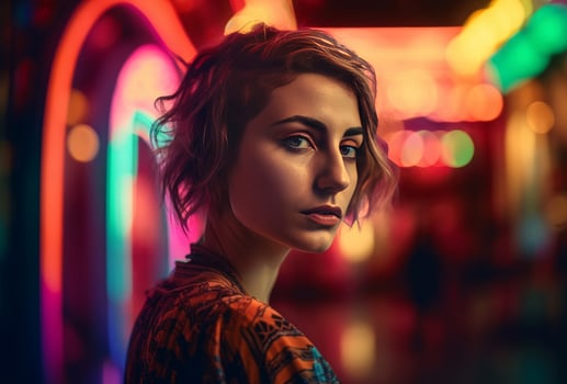 AI generated Young girl in neon colorful illuminated room. Generate ai photo