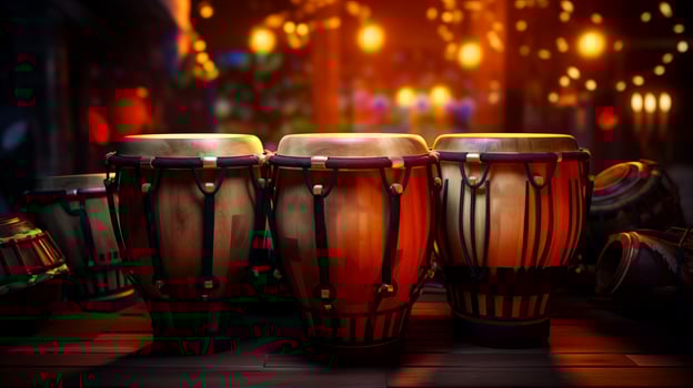 AI generated Conga drums on stage, lit by warm stage lights with bokeh effect. Perfect for music themed projects and performance promotions. Traditional percussion musical instrument of Afro-Cuban. photo