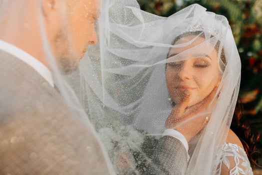 Young wedding couple enjoying romantic moments outdoors on a summer meadow. A bride with a crown on her head and a long veil. Groom in a classic gray suit photo