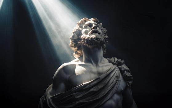 AI generated Ancient antique statue of male person in mystical haze on gloomy dark background, beautiful statue photo