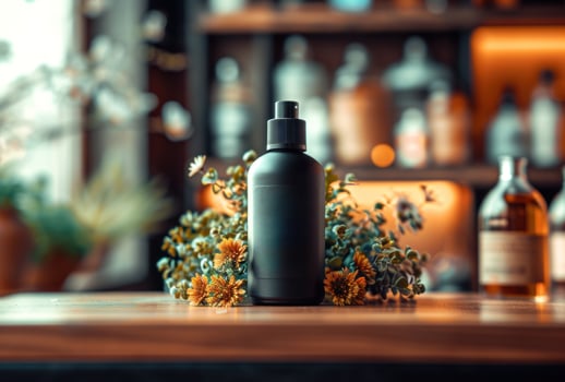 AI generated a bottle of perfume on a shelf in the distance photo