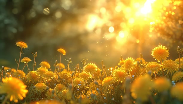 AI generated a meadow with yellow dandelions and sun photo