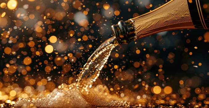 AI generated champagne pouring onto a black background with confetti falling. photo