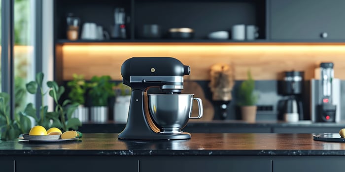 AI generated the kitchen mixer is in a black cupboard photo
